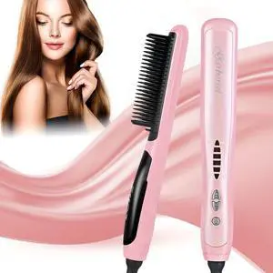 1pc Hair Straightener Brush,Mustache/Hair Straightener Comb With 6 Heat Settings &30s Fast Heat-up,PTC Hot Brush Heated Styling Comb for Women/Men (Pink)