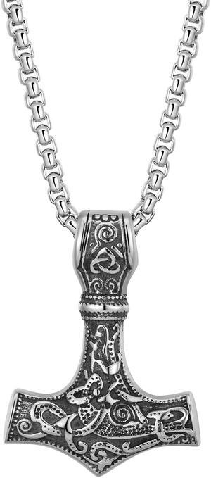 Men's Thor Hammer Necklace Stainless Steel Norse Vikings Jewelry Vegvisir Mjolnir Amulet Valknut Pendant with Sturdy Box Chain