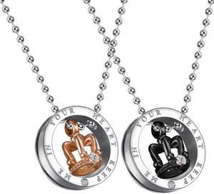 Women's Men's Stainless Steel Crystal Crown Pendant Couples Necklaces, Keep Me in Your Heart