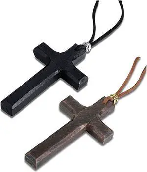 2 PCS Brown Black Men Women Wood Vintage Christian Cross Necklace First Communion Gift with Leather Cord 2 PCS Brown Black Men Women Wood Vintage Christian Cross Necklace First Communion Gift with Leather Cord
