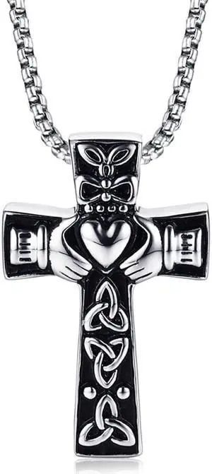 Vintage Men Women Stainless Steel Faith Hope Love Cross Necklace Celtic Knot Claddagh Jewelry Irish Gift