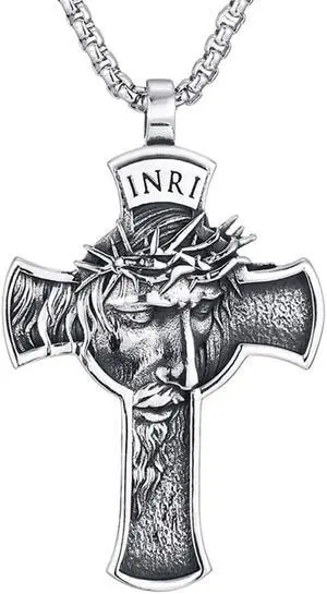Christian Jesus Face INRI Cross Necklace Christ Crucifix Pendant Church Baptism Jewelry