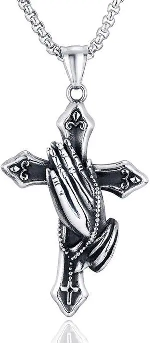 Men Women Vintage Praying Hands Cross Necklace Christian Christ Crucifix Faith Pendant Church Baptism Jewelry