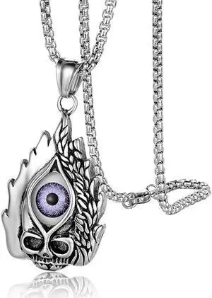 Men Women Stainless Steel Punk Hip Hop Flame Skull Evil Eye Necklace Gothic Halloween Jewelry