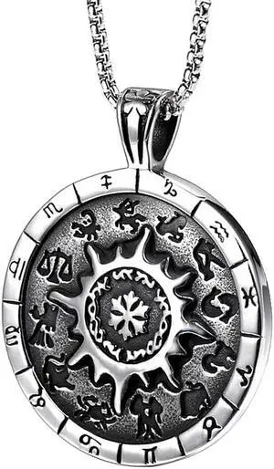 Men Hip Hop Stainless Steel Twelve Constellation Necklace Amulet Sun Round Medal Pendant Talisman Jewelry