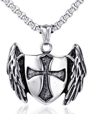 Vintage Stainless Steel Angel Wings Cross Shield Pendant Necklace