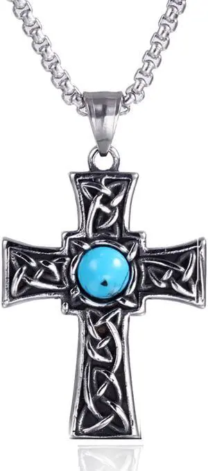 Vintage Stainless Steel Turquoise Celtic Knot Cross Pendant Christian Catholic Necklace