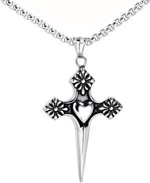 Stainless Steel Vintage Heart Cross Sword Pendant Christian Necklace