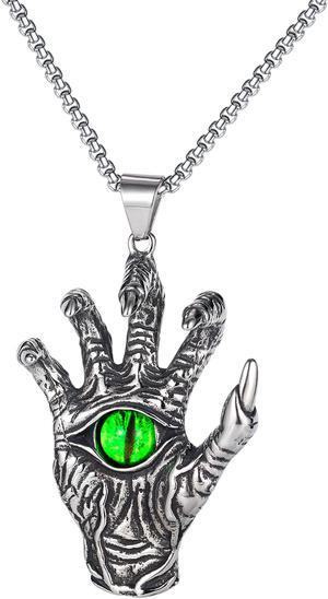 Vintage Jewelry Men Stainless Steel Demon Hand Green Eye Pendant Necklace