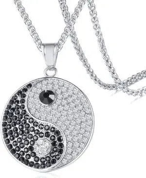 Stainless Steel Religious Yin Yang Tai Ji Gossip Pendant Necklace Inlaid Rhinestone Jewelry