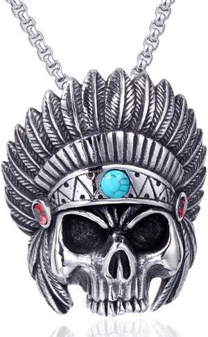 Men Stainless Steel Skull Head Feather Native American Indian Tribal Chief Pendant Necklace