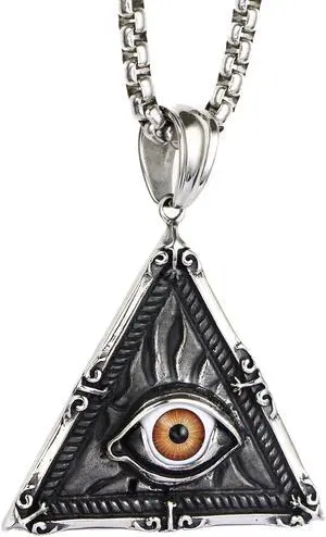 Men Stainless Steel Vintage Evil Eye Triangle Pendant Necklace