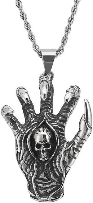 Vintage Jewelry Men Skull in Palm of Hand Pendant Stainless Steel Demon Hand Claw Necklace