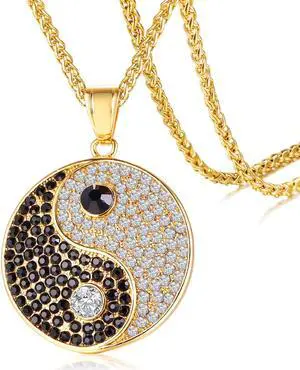 Gold Plated Stainless Steel Yin Yang Tai Ji Gossip Pendant Necklace Inlaid Rhinestone Jewelry