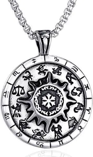 Zodiac 12 Constellations Symbols Graphics Dog Tag Pendant Stainless Steel Hiphop Medal Necklace