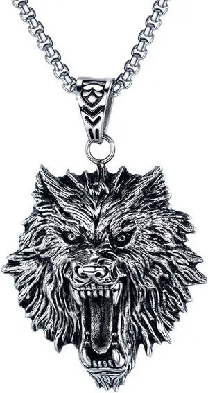 Wolf Head Necklace Stainless Steel Punk Rock Hip Hop Men Pendant Jewelry