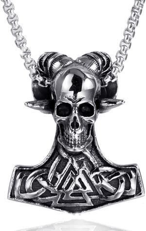 Nordic Viking Goat Head Skull Thor's Hammer Pendant Talisman Amulet Necklace Hip Hop Punk Gothic Jewelry
