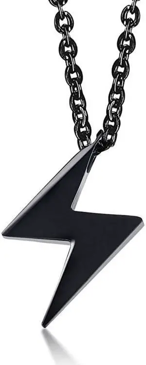 Black Plated Geometric Pendant Men Women Stainless Steel Zig Zag Lightning Symbol Necklace