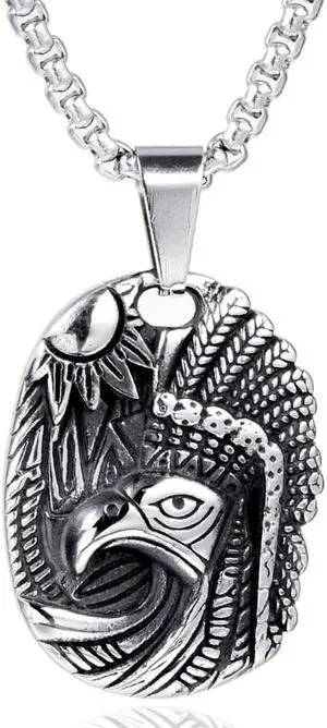 Stainless Steel Hip Hop Punk America Native Indian Necklace Personalized Men Tribe Dog Tag Sun Eagle Pendant