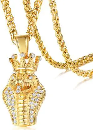 Men Pendant Stainless Steel Rhinestone Crown King Cobra Necklace Gold
