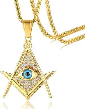 Men Women Stainless Steel Rhinestone Evil Eye Pendant Masonic Necklace Gold