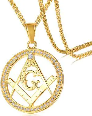 Stainless Steel Inlay Rhinestone Round Freemason Masonic Pendant Necklace Gold