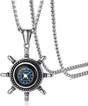Vintage Men Stainless Steel Rudder Shaped Compass Pendant Necklace