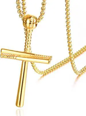 Men Gold Plated Stainless Steel Baseball Bat Cross Necklace Big Large Crucifix Jewelry