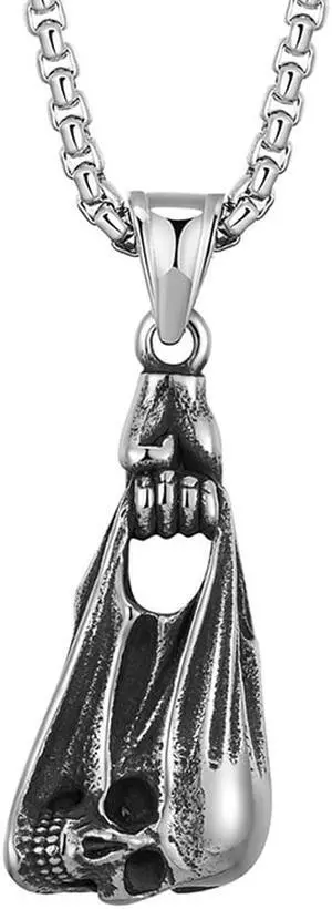 Men Stainless Steel Hand Catching Skull Necklace Gothic Punk Biker Jewelry