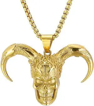 Men Gold Plated Stainless Steel Joker Skull Necklace Gothic Demon Jewelry