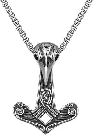 Men Stainless Steel Viking Raven Thor's Hammer Necklace
