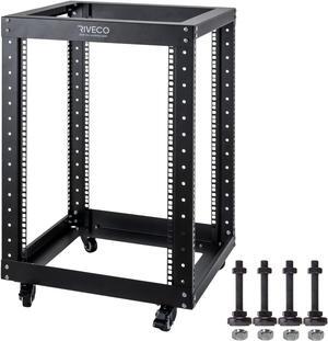 RIVECO 15U Server Rack Floor Standing Open Frame with Wheels- 19-inch 4 Post Quick Assembly AV Rack Network Heavy Duty Durable Black