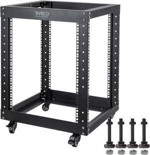 12U Server Rack Open Frame with Casters-RIVECO 4 Post Quick Assembly 19-inch, Data Rack Network Shelf Cabinet Heavy Duty Black, Welcome to consult