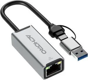 AChoro LAN to USB Adapter - USB A & C to Ethernet Port - Aluminium Alloy RJ45 Ports for PC Mac