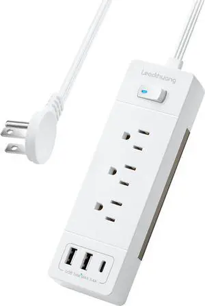 1875W Power Strip Ultra-Flat Plug Extension Cord with USB C Ports, Surge Protector Power Strip with 3 USB 3 AC Outlet, Mountable Flat Extension Cord 5 ft with Phone Stand for Kitchen, Home and Office