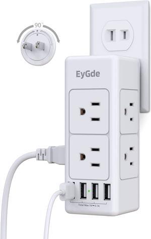 2 Prong Power Strip with Rotating Plug, EyGde Multi Plug Outlet Extender, Multiple Outlet Splitter(3 Sided 6 Sockets) and 4 USB Ports, Wall Adapter Surge Protector (1700J) for Travel, Office, White