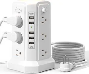 Surge Protector Power Strip Tower with 5 USB Ports and Night Light, 10FT Extension Cord with 12 AC Multiple Outlets, PASSUS Power Tower, Overload Protection for Home Office Dorm Room (White)
