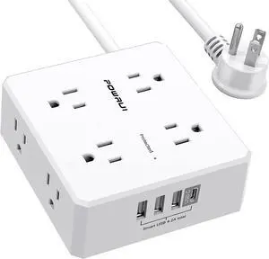 10Ft Surge Protector Power Strip - Flat Plug Extension Cord with 8 Widely Outlets and 4 USB Ports(1 USB C), 3 Side Outlet Extender for Home Office Dorm Room Essentials, WhiteETL Listed