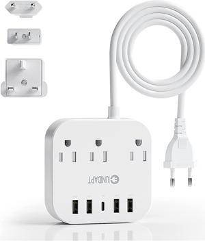 European Plug Adapter US to UK Europe Power Strip for EU/UK/US with USB C and 4 USB Ports 3 AC Outlets Wall Mountable 5ft Extension Cord for Travel Cruise Ship Home