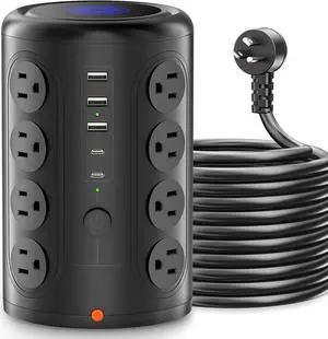 Surge Protector Power Strip 10 FT Cord, TenTrend Power Strip Tower with 16 Outlets and 5 USB Ports (2 USB-C), 1875W 2000J Multi Outlet Tower for Home Office Desk, Dorm Room Essentials