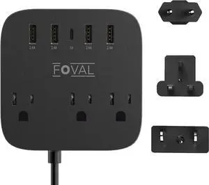 European Travel Plug Adapter, FOVAL EU UK US Power Strip with USB C and 4 USB Ports, 3 AC Outlets, Wall Mountable, 5ft Extension Cord, Compact for Travel, Cruise Ship, Home Office (Black)