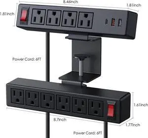 VILONG 2 in 1 Desktop Edge Power Strip,Removable Clamp Power Outlet Socket Under Desk 6AC Outlests with Switch & 4 AC Outlets 2 USB-A Ports,1 USB-C Port,6.5 ft Extension Cord