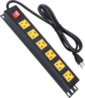 QBA 6 Outlet Metal Power Strip, Heavy Duty Wide Spaced Power Strip, Wall Mount Power Strip for Home Office Garage Workbench, 6FT 16AWG Extension Cord, Yellow