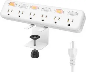 Desk Clamp Power Strip Individual Switches, JUNNUJ 6 Outlet 800J Surge Protector Clamp Outlet Desktop Removable Table Desk Mount Clamp Socket, Tabletop Edge Power Station 6FT Power Cord White