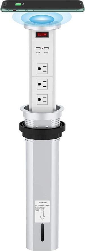 Raising Surge Protector Pop up Outlet Retractable Hidden Recessed Power Strip Power Socket 2 USB Charging Stations and 3 AC Plug with Wireless Charger for Kitchen Island, Conference Table