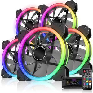 EZDIY-FAB RGB Dual Ring 120mm Case Fans,5V Motherboard Sync,Speed Adjustable,RGB Sync Fan with 10-Port Fan Hub X and Remote-5 Pack