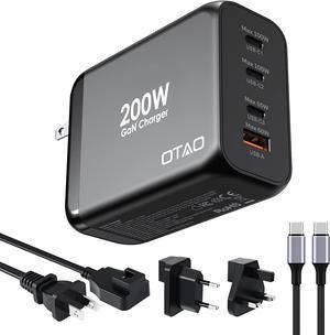200W USB C Fodable Wall Charger, OTAO 4-Port PD 100W PPS45W (Travel Adapter) GaN Fast Charging Station Laptop for MacBook,iPad, iPhone14/14Pro Max, Samsung,Pixel, and More(with AC Cord/UK/EU Plug)