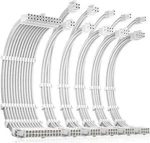 Antec Power Supply Sleeved Cable, PSU Extension Cable Kit / 1x24pin ATX / 2x8pin (4+4) EPS / 3x8pin (6+2) PCI-E, 30cm Length with Combs, Dual EPS White (White Connector)