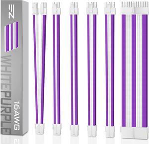 EZDIY-FAB PSU Cable Extension kit Sleeved Cable Custom Power Supply Sleeved Extension 16 AWG 24-PIN 8-PIN 6-PIN 4+4-PIN with White Combs-White Connector-White and Purple Cable