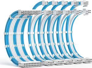 PSU Cable Extension Kit 30CM Length with Cable Combs,1x24Pin/2x8Pin(4+4) EPS/3x8Pin(6P+2P) PCI-E/PC Sleeved Cable for ATX Power Supply,Blue/White